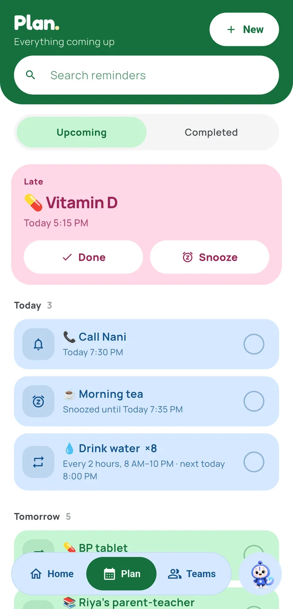 Plan: a late Vitamin D, Today and Tomorrow, with Drink water shown once as every 2 hours